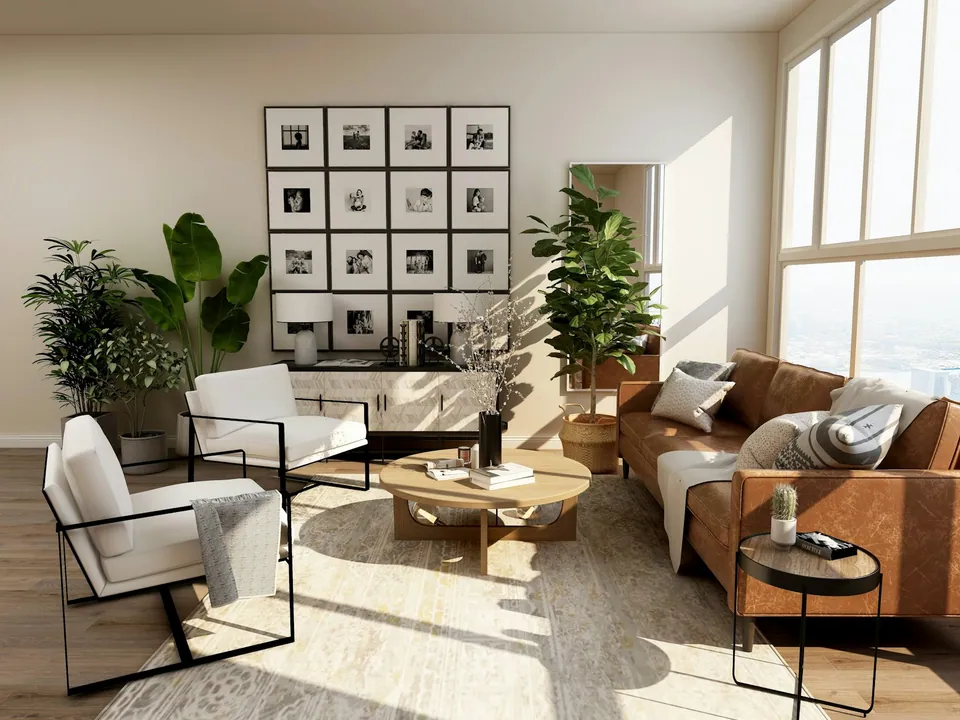 Sala con una pared de cuadros enmarcados