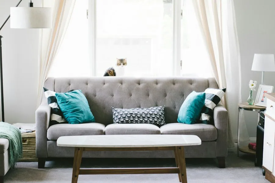Sala luminosa con sofá gris